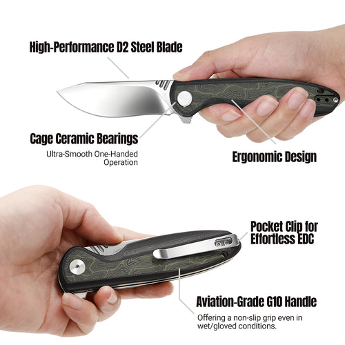 IOKO Pocket Knife Two-Tone G10 Handle, High-Quality D2 Blade