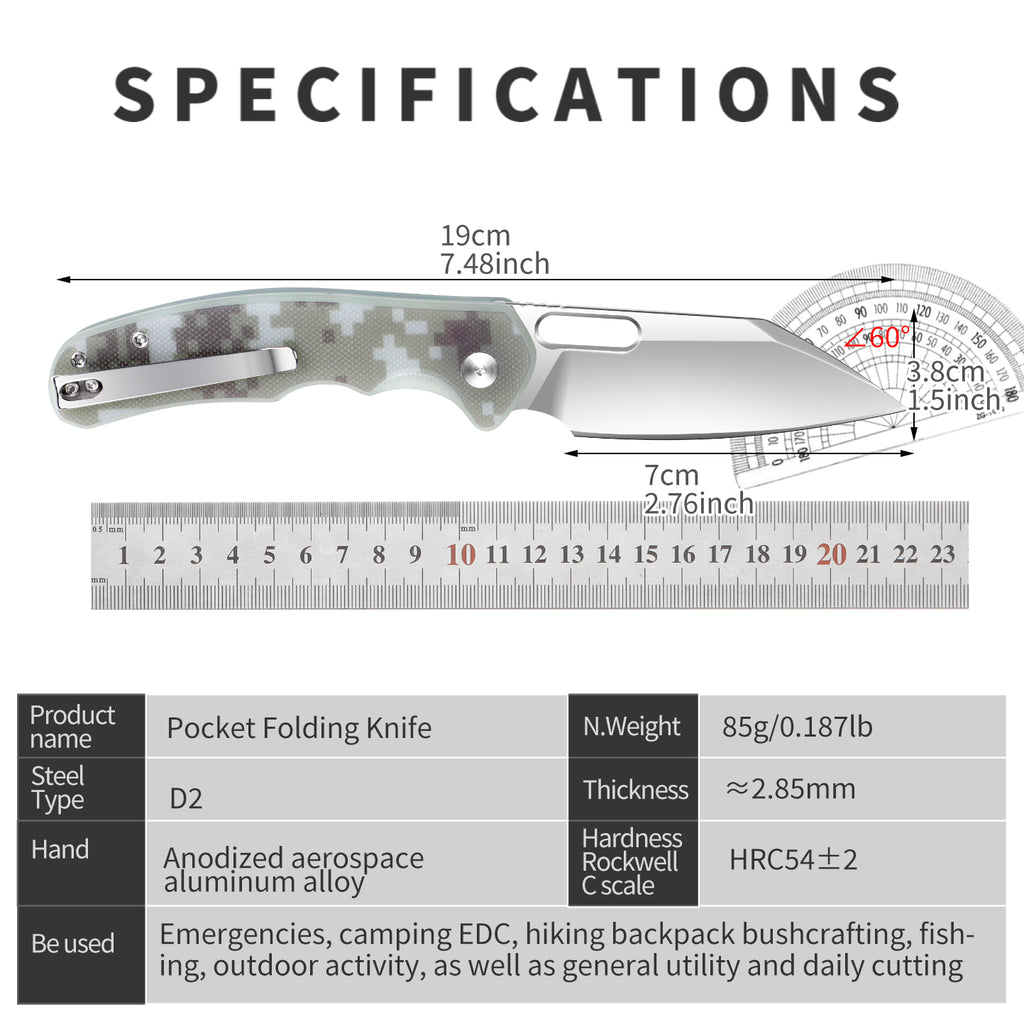 IOKO Pocket Knife G10 Camouflage Handle, D2 Blade