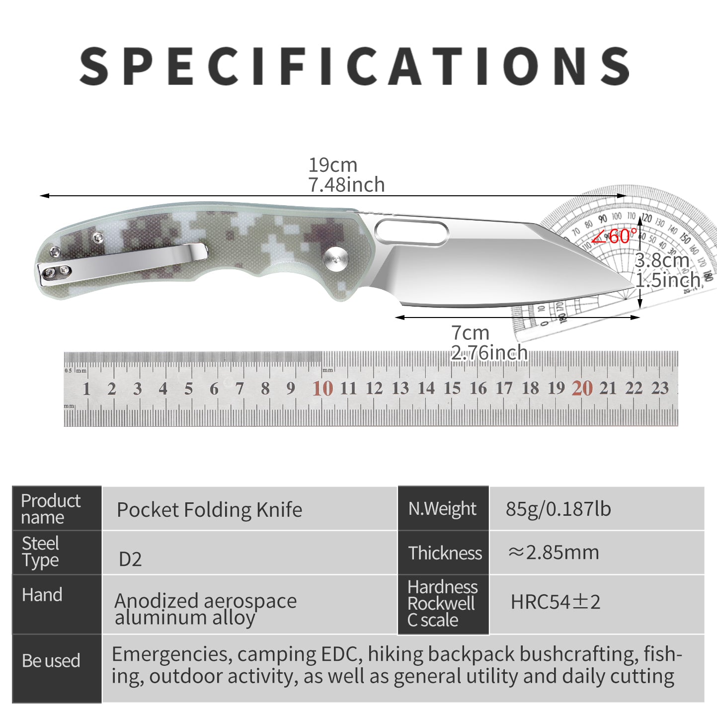 IOKO Pocket Knife G10 Camouflage Handle, D2 Blade