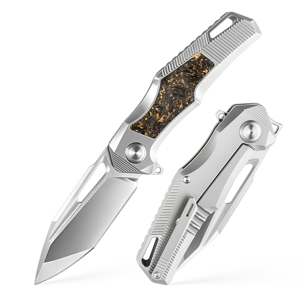 The S35VN pocket knife features a titanium handle inlaid with gold foil and carbon fiber, making it a high-end, practical, and collectible gift.