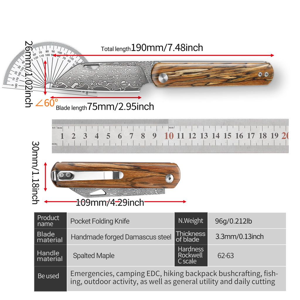 Damascus steel folding knife with wooden handle, vintage style