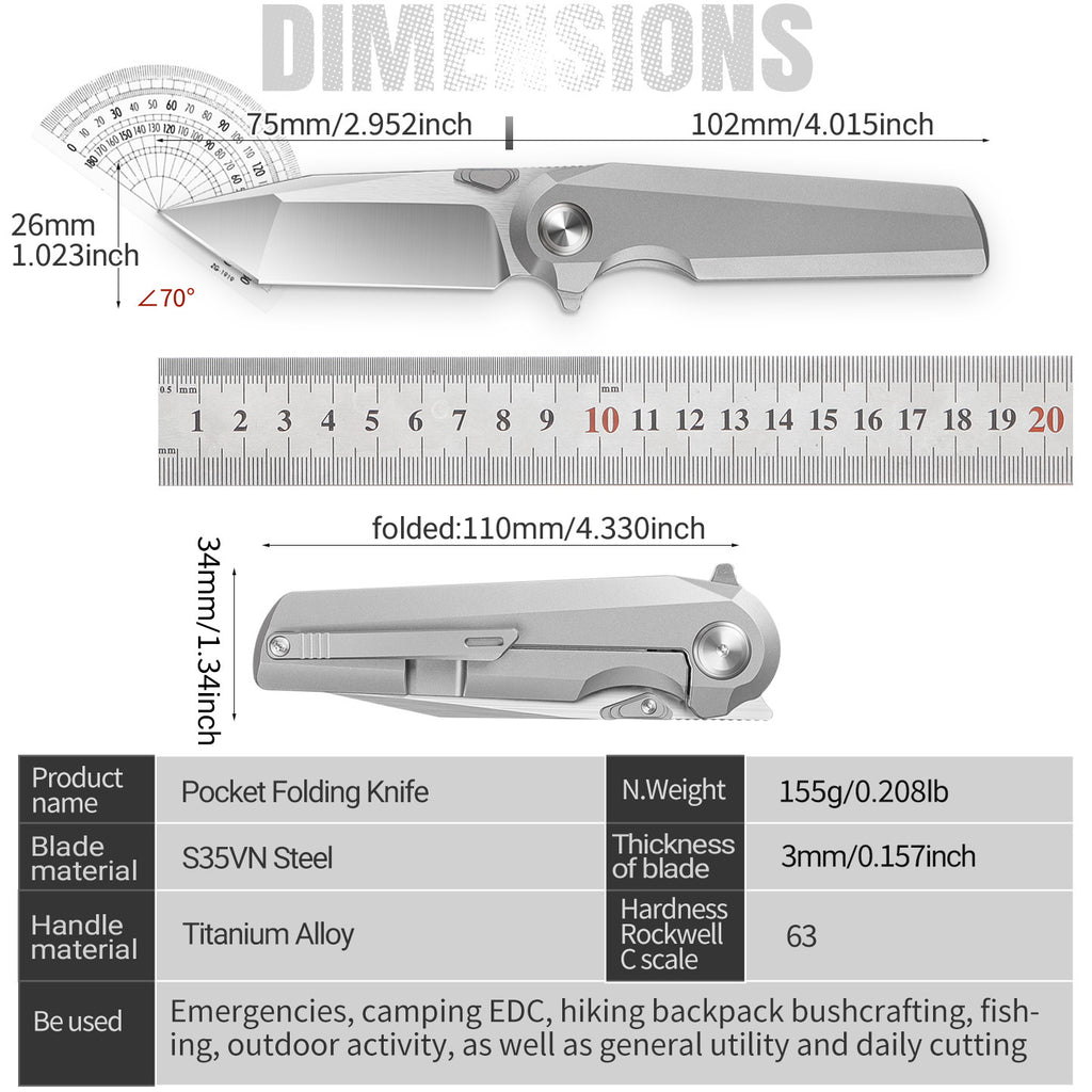 IOKO S35VN Titanium Handle Pocket Knife, Urban EDC