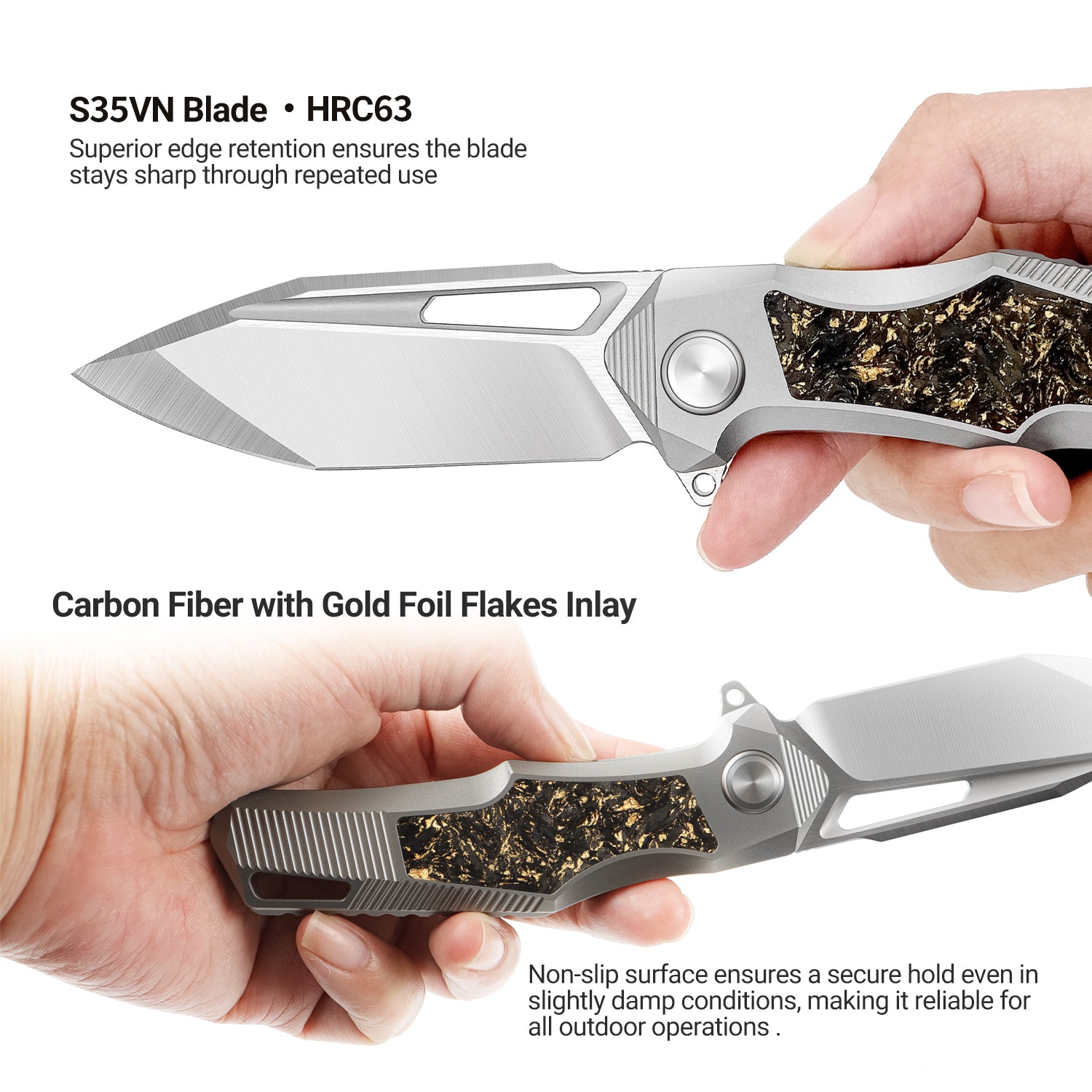 The S35VN pocket knife features a titanium handle inlaid with gold foil and carbon fiber, making it a high-end, practical, and collectible gift.