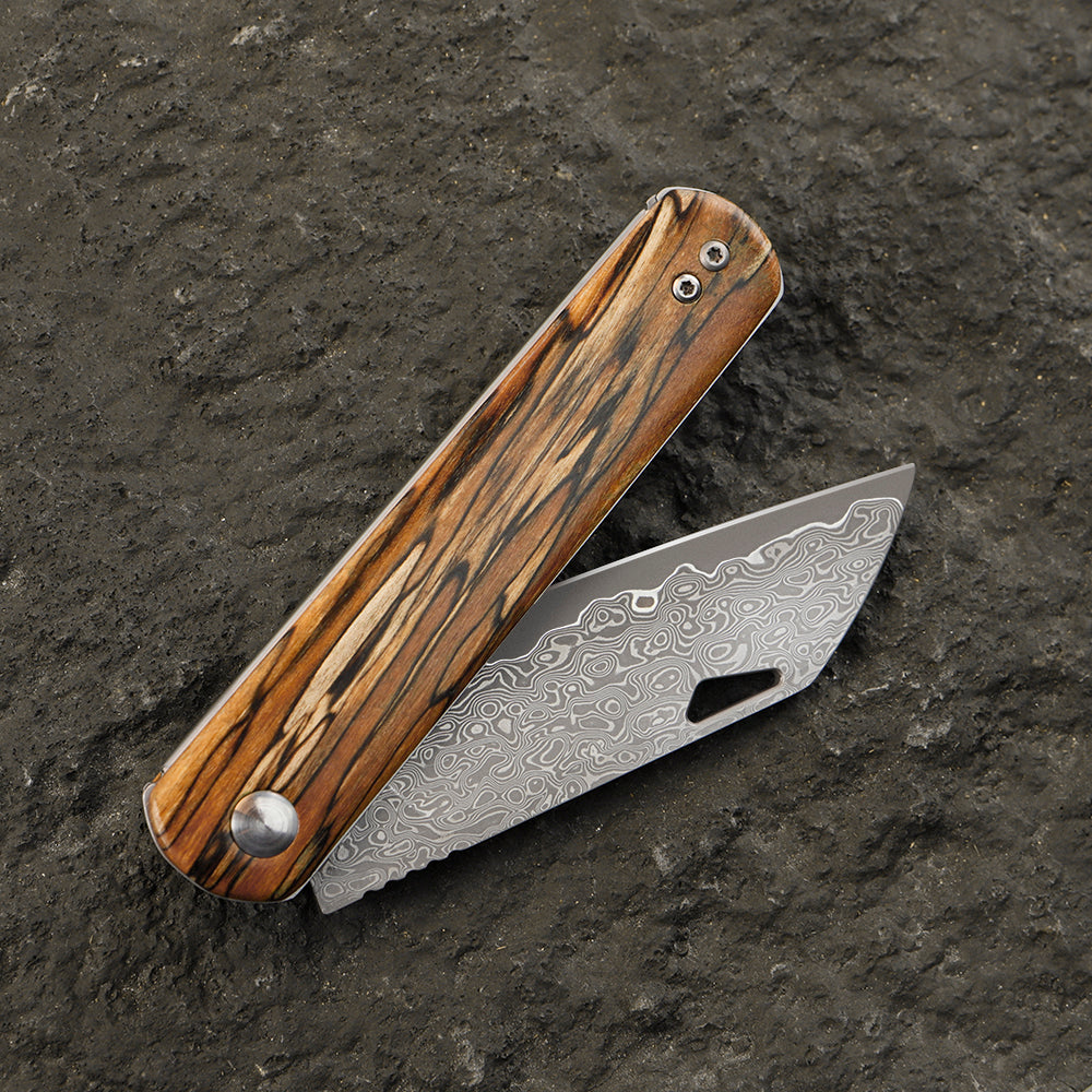 Damascus steel folding knife with wooden handle, vintage style