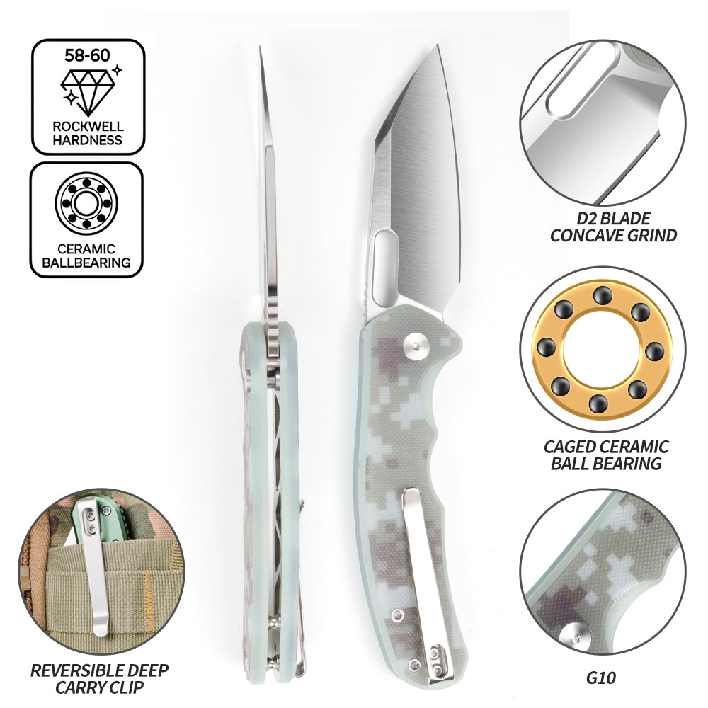 IOKO Pocket Knife G10 Camouflage Handle, D2 Blade