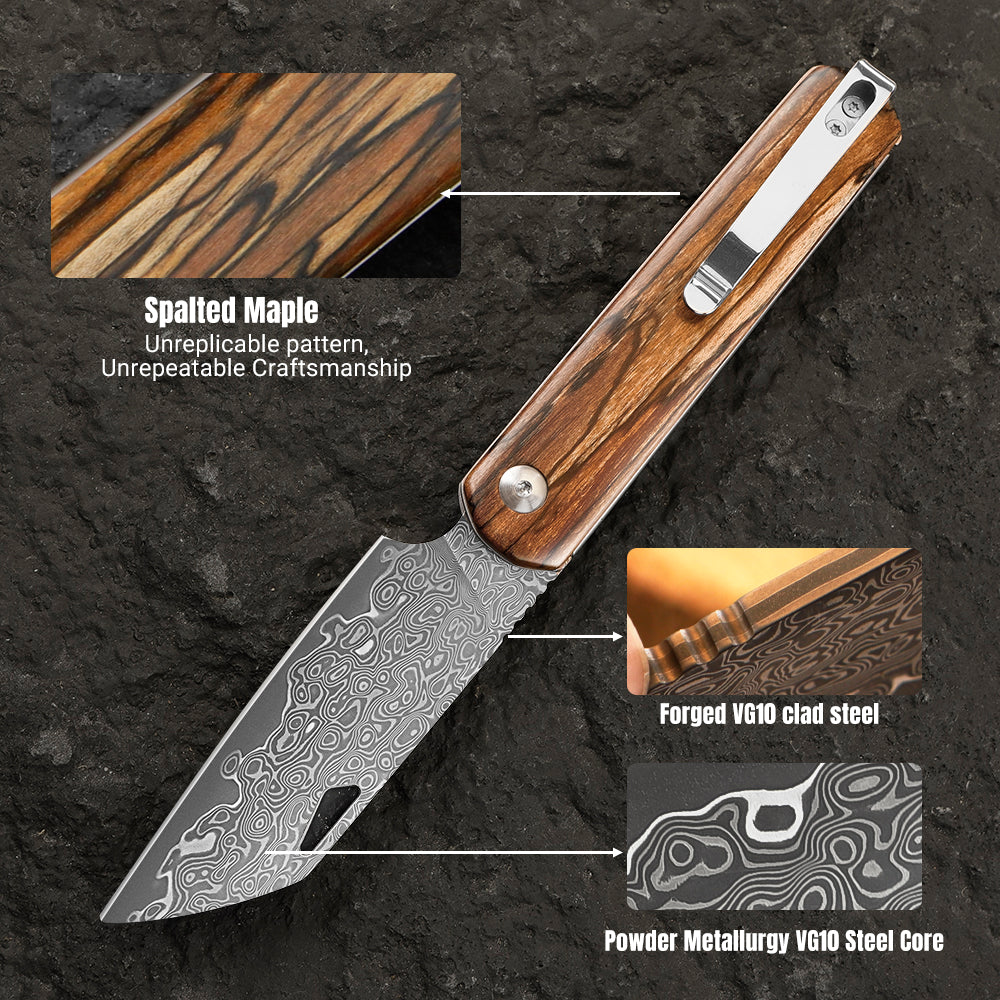 Damascus steel folding knife with wooden handle, vintage style