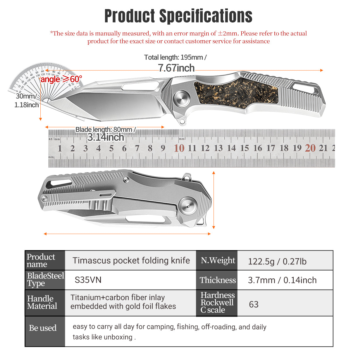 The S35VN pocket knife features a titanium handle inlaid with gold foil and carbon fiber, making it a high-end, practical, and collectible gift.