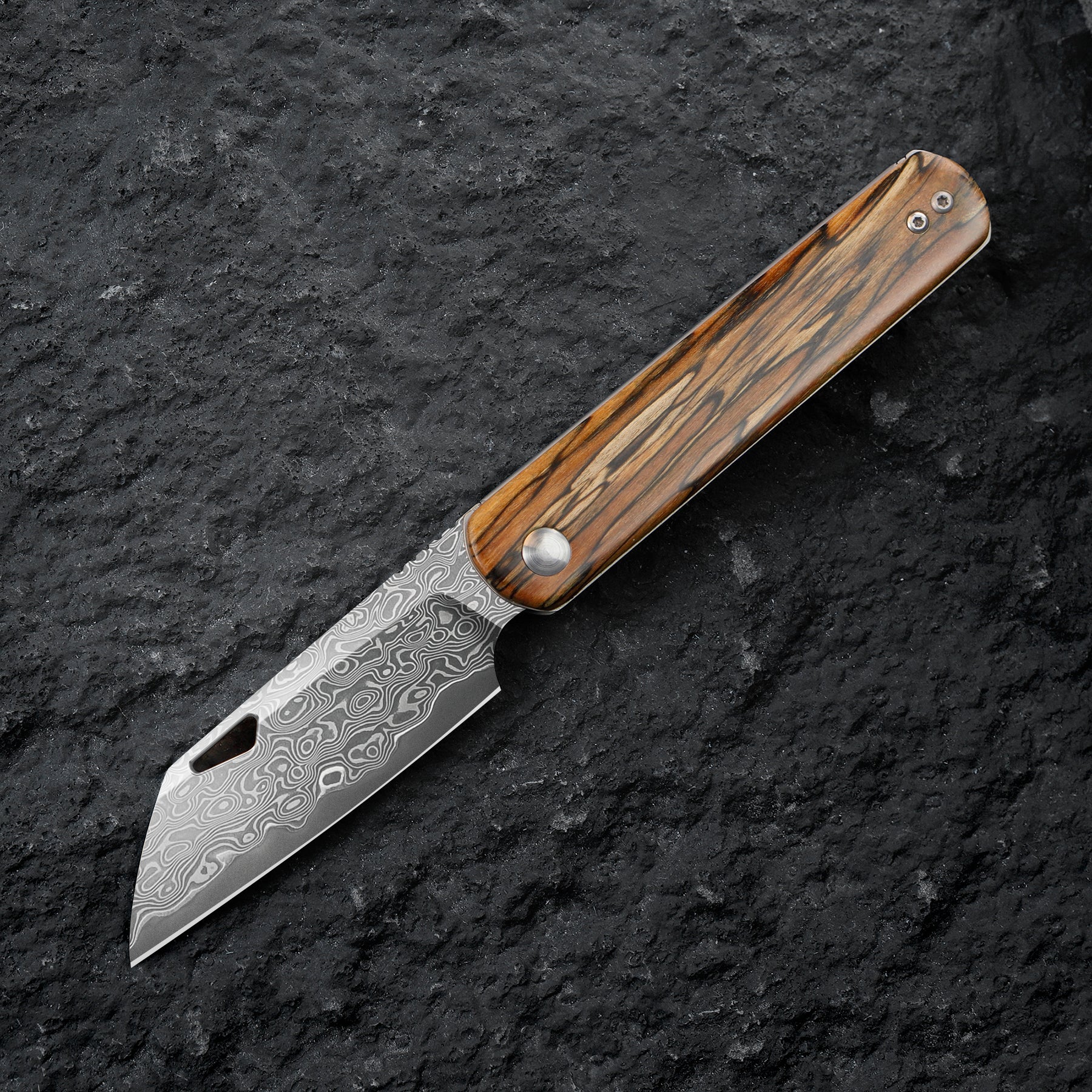 Damascus steel folding knife with wooden handle, vintage style