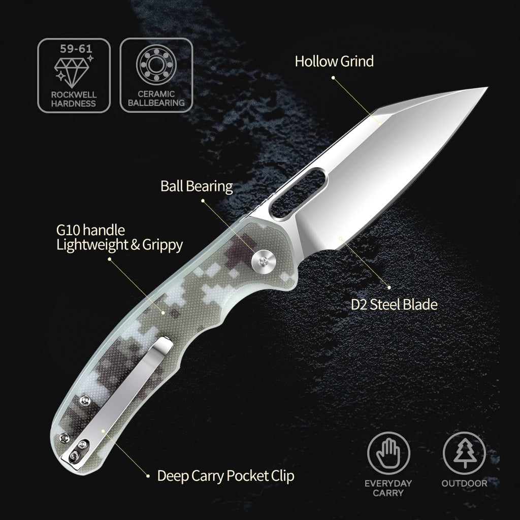 IOKO Pocket Knife G10 Camouflage Handle, D2 Blade
