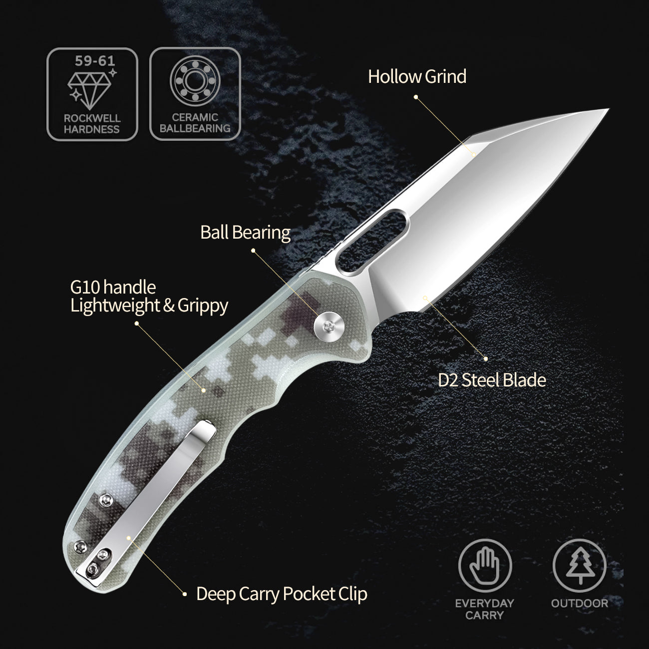 IOKO Pocket Knife G10 Camouflage Handle, D2 Blade