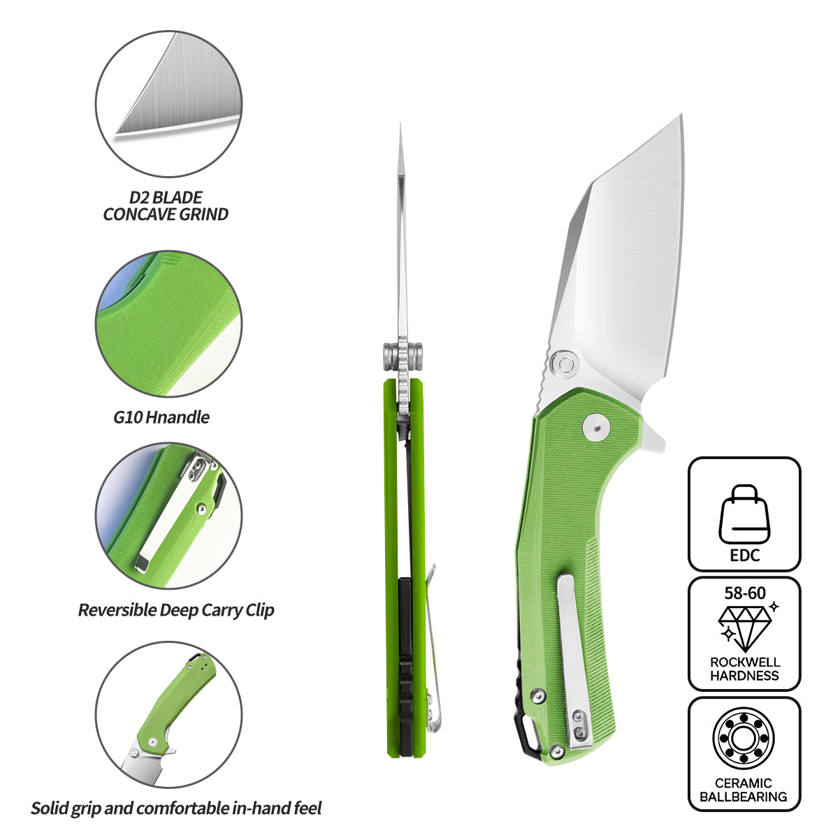 IOKO Outdoor folding knife, camping and hiking tool knife, D2 material G10 handle