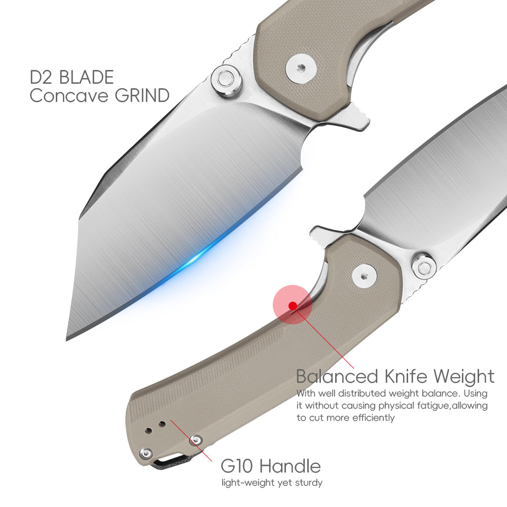 IOKO Outdoor folding knife, camping and hiking tool knife, D2 material G10 handle