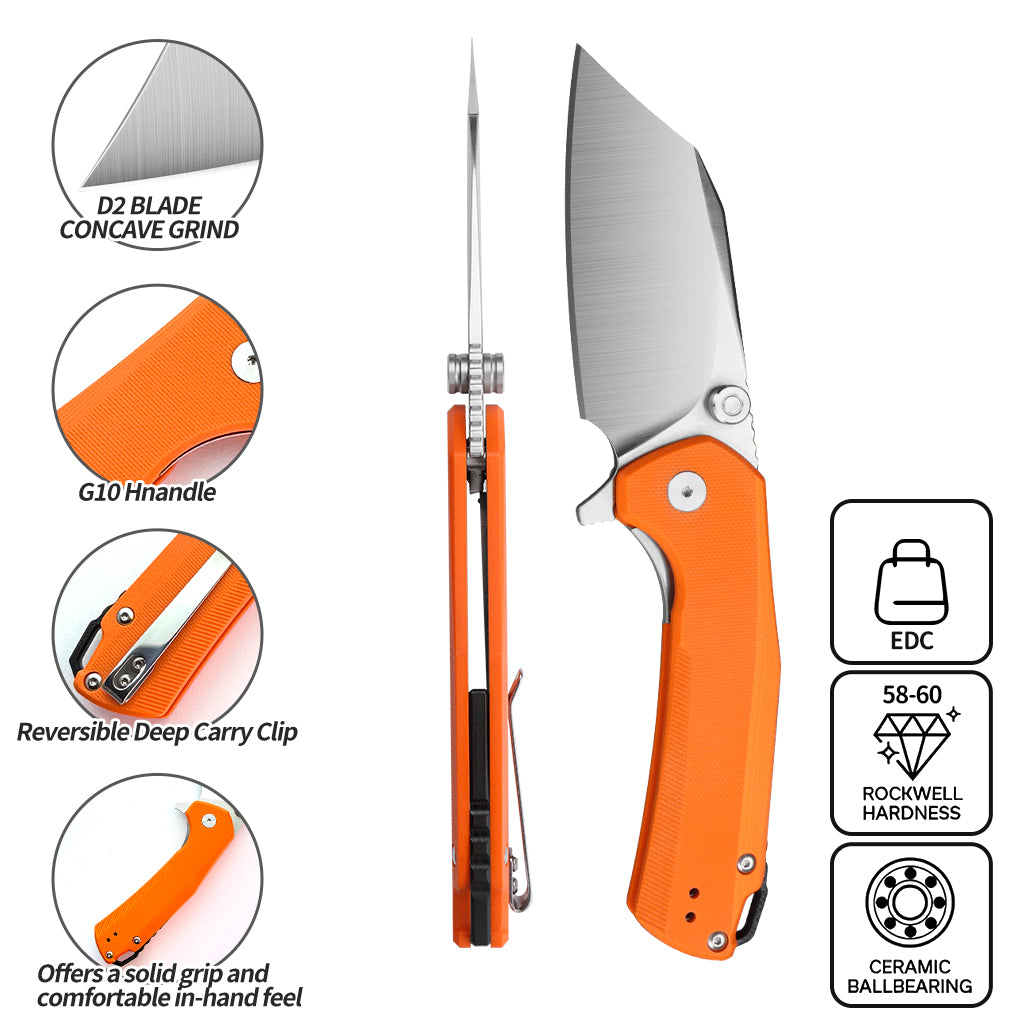 IOKO Outdoor folding knife, camping and hiking tool knife, D2 material G10 handle